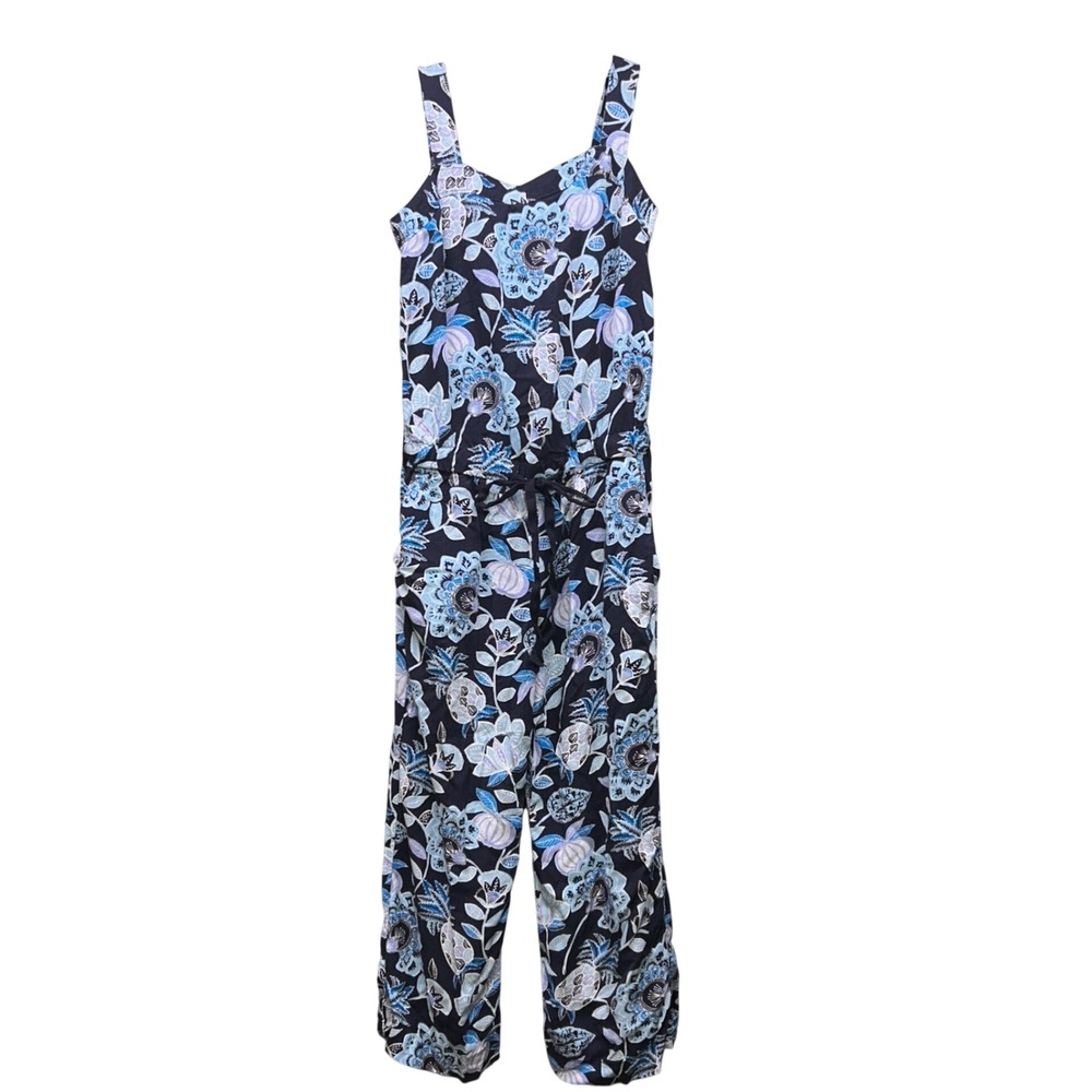 LOFT Petites Jumpsuit Women 00P Blue Floral Sleeveless Rayon Cottagecore Boho